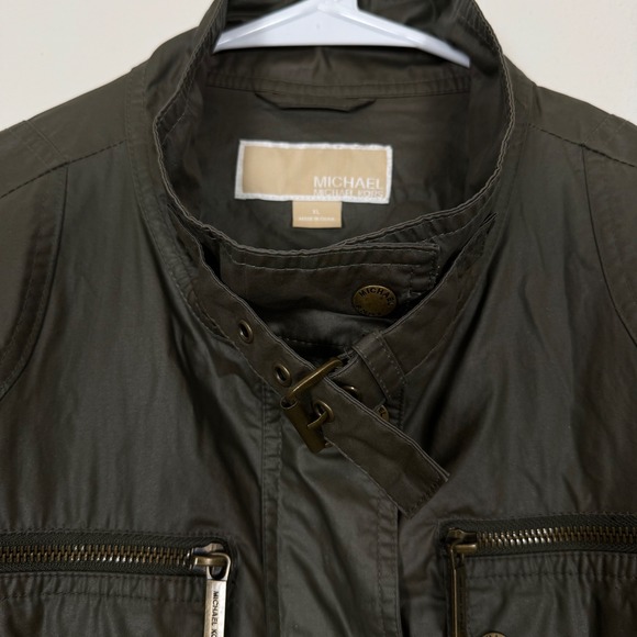 Michael Kors Olive Green Waxed Utility Jacket Women XL Pockets Zip Snap Military - Picture 7 of 9